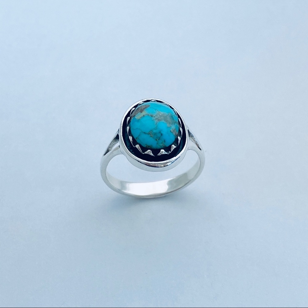 Sterling Silver Round Genuine Turquoise Ring, Stone Ring, Silver Ring, Boho Ring - Picture 11 of 13